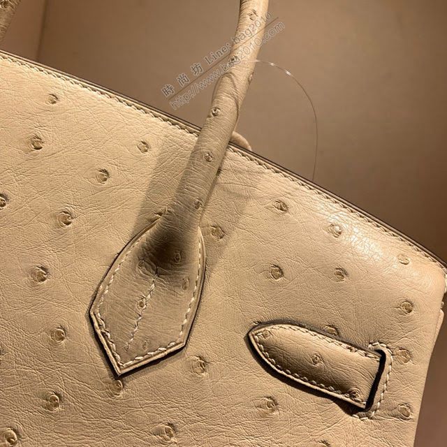 Hermes女包 愛馬仕Birkin30cm Hermes鉑金包 Ostrich鴕鳥皮 全手縫蠟線 3C Parchmin羊毛白銀扣  am1900